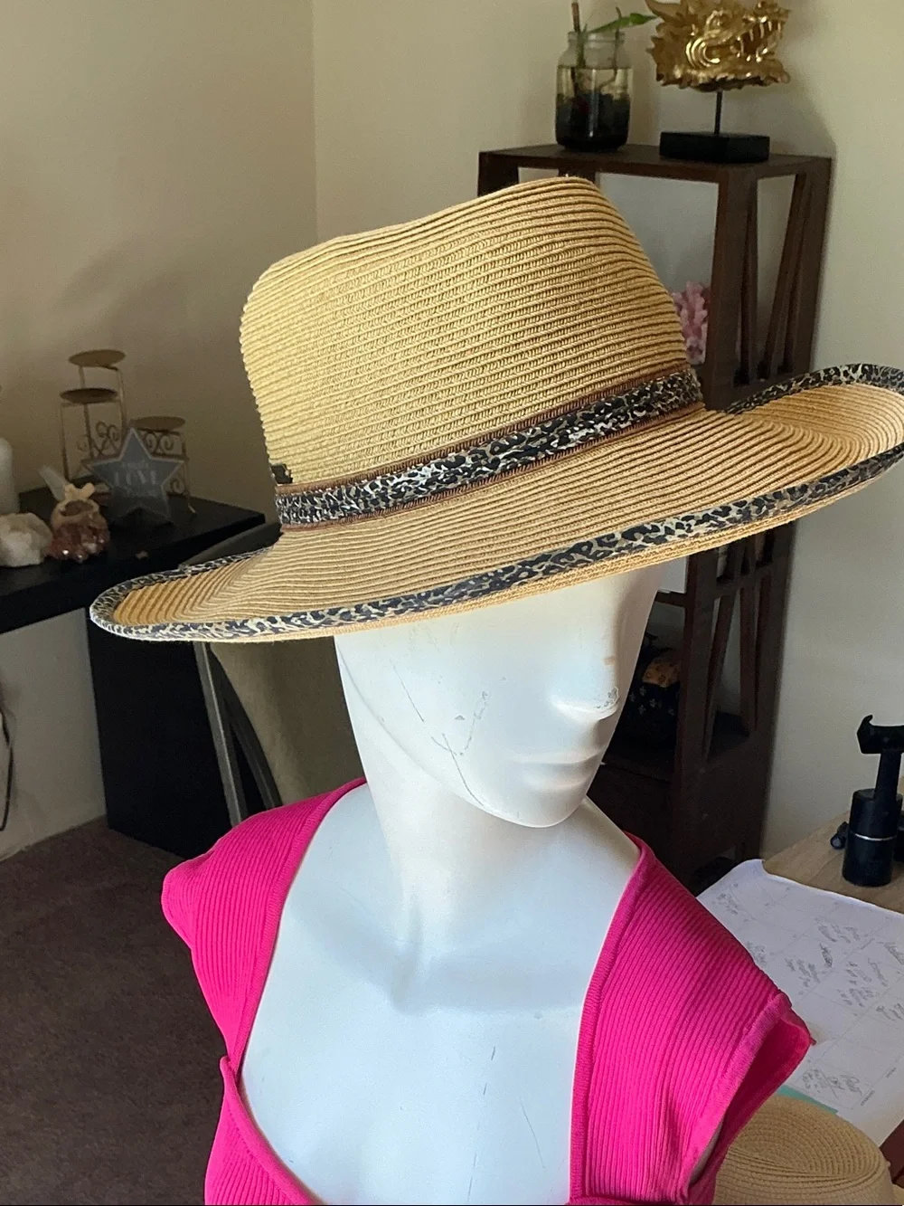 Natural Straw Wide-Brim Hat with Leopard-Accent Trim